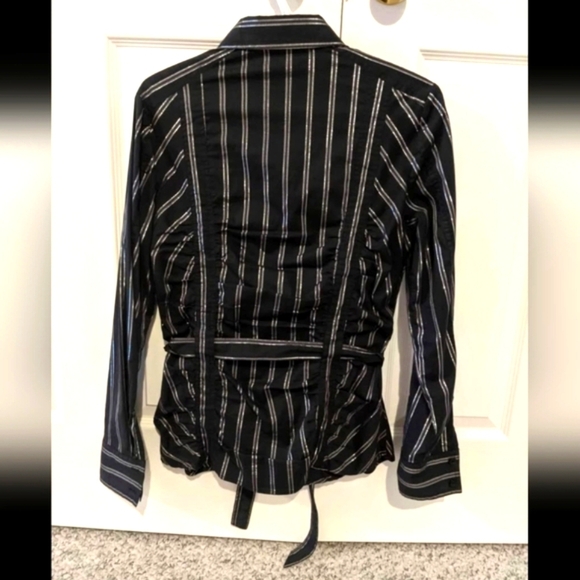 NWOT Women's Black & Silver Button Down Blouse with Matching Fabric Tie - Picture 2 of 4